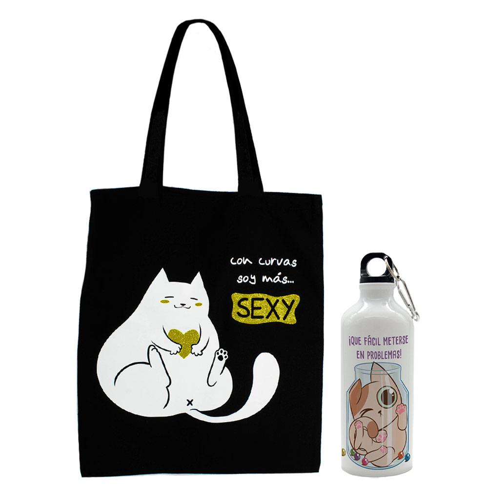 Pack Bolso Negro + Botella de Gato